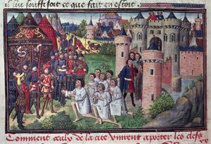 Fol.286v Wie die Einwohner von Babylon Alexander dem Großen (356-323 v. Chr.) die Schlüssel der Stadt übergaben, aus dem Manuskript von Jean Vauquelin, aus der Histoire du Grand Alexandre, 1460