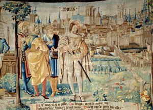 Gründung der Stadt Paris. König Franz I. (1494-1547) beschloss, seine ständige Hauptstadt in Paris zu errichten, als er 1527 aus der Gefangenschaft zurückkehrte. Wandteppich aus „Die fabelhafte Geschichte der Gallier“ hergestellt von der Werkstatt von Arra von French School