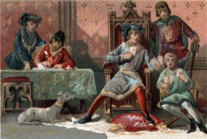Zur Ablenkung spielte der König von Frankreich Karl VI. (1368-1422) Karten. Chromolithographie um 1890. von French School