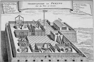 Ehemaliges chinesisches Observatorium in Peking - basierend auf einem Kupferstich aus „Die Geschichte der Reisen“ von 1747