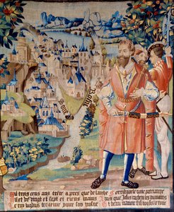 Gründung der Stadt Lyon: Lugdus, Enkel von Galathes, Gründer von Gallien, mit Gefährten, hinter ihm die Stadt Lyon am Zusammenfluss von Rhone und Saone, die Alpenberge in der Ferne. Wandteppich der „Die fabelhafte Geschichte der Ga von French School