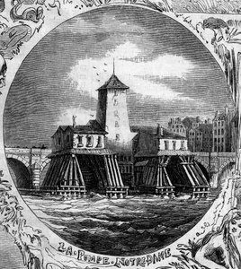 Brunnen von Paris: Ansicht der Pumpe Notre Dame (1676). Diese hydraulische Pumpe wurde 1858 abgerissen. Kupferstich in „Le Monde Illustré“ Nr. 254 vom 22. Februar