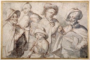 Vier Drehleierspieler und ein Junge mit einer Pfeife, ca. 1650-99
