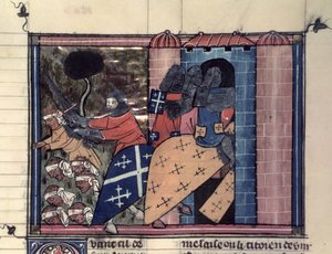 Berittene Kreuzritter kämpfen gegen die Sarazenen um 1185, aus Le Roman de Godefroi de Bouillon