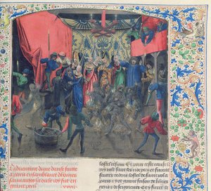 Bal des Ardents, Charles wird von der Herzogin von Berry gerettet, nachdem Louis von Orleans die Kostüme der Tänzer in Brand gesetzt hat, 1392, aus Froissarts Chronik von French School