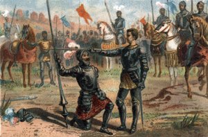 Franz I. von Frankreich bittet den Chevalier Bayard nach dem Sieg in der Schlacht von Marignano, Italien, zum Ritter geschlagen zu werden. von French School