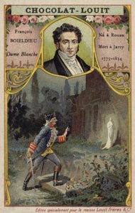 Francois-Adrien Boieldieu, französischer Komponist, und eine Szene aus seiner Oper La Dame Blanche von French School