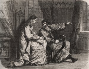 Fredegonde (545-597) vertraut dem Harfenspieler Barbantini ihre Sorgen an, weil ihr Liebhaber Chilperic (dann König der Franken Chilperic I. (543-597)) sie nicht heiratete. 565. Gravur von 1871 in „Histoire Des Cocuses Celebres“ von Henry de Kock von French School