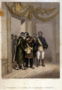Freimaurerei: Napoleon Joseph Charles Paul Bonaparte, genannt Prinz Jerome oder Plonplon, wird am Eingang des Tempels von Faubourg Saint Marcel identifiziert. Gravur aus „Picturesque Histoire de la Franc Maconnerie et des Societes Secretes Antique