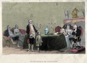 Freimaurerei: Magiesitzung von Giuseppe Balsamo, bekannt als Alexander, Graf von Cagliostro (1743-1795). Gravur aus „Picturesque Histoire de la Franc Maconnerie et des Societes Secretes antique et modernes“ von F.-T. B. Clavel. Pagnerre, Herausgeber von French School