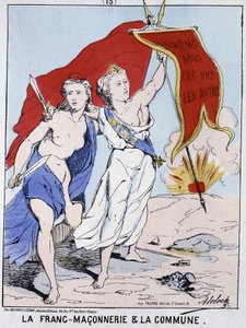 Freimaurerei und die Kommune: eine Frau, die die Freimaurerei symbolisiert, schwenkte eine Flagge mit der Aufschrift „Lasst uns einander lieben“