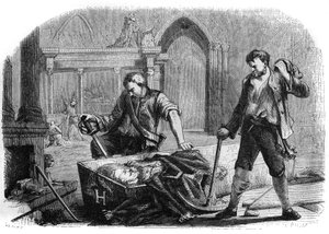 Französische Revolution (Konvent): Öffnung des Sarges von König Heinrich IV. (1553-1610) während der Schändung der königlichen Gräber der Kirche Saint-Denis im Jahr 1793. Gravur von 1860. von French School