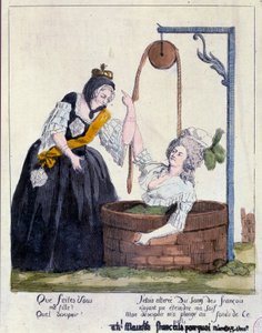 Französische Revolution: Karikatur gegen Königin Marie Antoinette (1755-1793), die auf den Grund eines Brunnens fiel, weil sie ihren Durst nach französischem Blut stillen wollte. 18. Jahrhundert. Paris, B.N. von French School