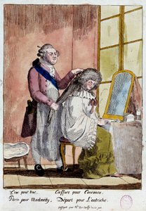 Französische Revolution: Karikatur über die Flucht der königlichen Familie nach Varennes am 20. und 21.06.1791: König Ludwig XVI. frisiert Königin Marie Antoinette, die mit dem falschen Pass der Gouvernante der Kinder der Baronin von Korff abreisen sollte. von French School