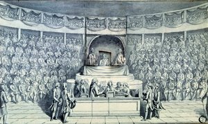 Französische Revolution: König Ludwig XVI. (1754-1793) wird von Antoine Barnave (1761-1793) während seines Prozesses vor dem Nationalkonvent, der über seine Todesstrafe am 21.01.1793 entscheidet, verhört. Anonyme Zeichnung um 1793. Paris, Louvre Museum von French School