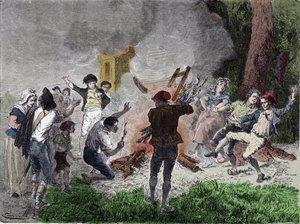 Französische Revolution: „Das Volk verbrannte Claude Chappes Telegraphen im Park von Saint-Fargeau in Menilamount im September 1792, da es glaubte, es sei ein Gerät, um mit der königlichen Familie zu kommunizieren, die im Gefängnis des Tempels eingesperrt  von French School
