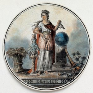 Französische Revolution: Allegorie der Gleichheit als Frau, die ein Quadrat in der Nähe der französischen Republik hält, ein Füllhorn. Ende des 18. Jahrhunderts Paris, B.N. von French School