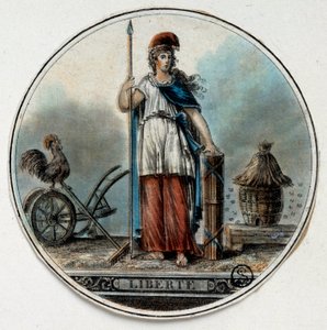 Französische Revolution: Allegorie der Freiheit als Frau in der Nähe eines Bienenstocks und eines Hahns. Ende des 18. Jahrhunderts. Paris, B.N. von French School