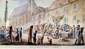 Französische Revolution: brüderliches Mahl zu Ehren der Freiheit im Juni 1793. Patrioten und Pariser feiern die Freiheit. Das Motto „Freiheit, Gleichheit, Brüderlichkeit“ erschien erstmals in dieser Zeit. Aquarell von 1793. Paris, Bibliothek des Arsenal von French School