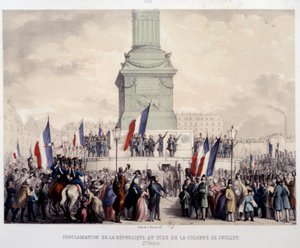 Französische Revolution von 1848: Proklamation der Zweiten Republik am Fuße der Julisäule auf dem Place de la Bastille am 25.02.1848. Lithographie des 19. Jahrhunderts. Paris, Musee Carnavalet