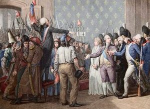 Französische Revolution: der Marsch auf die Tuilerien, 20. Juni 1792 - Französische Revolution - Angriff auf den Palais des Tuilerien, 20. Juni 1792 - Der Tag des 20. Juni 1792 im Schloss der Tuilerien. König Ludwig XVI. stellt sich dem Volk und trägt die  von French School