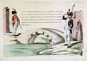Französische und Luxemburger Zollbeamte begrüßen sich freundschaftlich (Grenzfrage unter der Revolution), spätes 18. Jahrhundert von French School