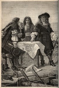 Der französische Architekt Vauban entwirft die Pläne für die Befestigungen von Belfort (Ostfrankreich) auf Wunsch von Ludwig XIV. im Jahr 1687 - Sebastien Le Prestre de Vauban gibt die Pläne der Befestigungen von Belfort - Gravur in „PATRIE“ - DESCRIPTION  von French School