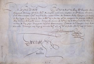 Französische Kalligraphie: Quittung zugunsten von Bernard de Beaugrand ausgestellt am 2. Juli 1623. Historische Bibliothek der Stadt Paris.