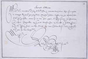Französische Kalligraphie: Technographie, „Beispiel einer Minute“ von Guillaume Le Gangneur um 1599. Historische Bibliothek der Stadt Paris.