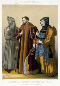 Französische Kostüme im 16. Jahrhundert: Links ein Büßer, in der Mitte ein Adliger und rechts ein Priester. Illustration des 19. Jahrhunderts aus Saint Ouen in Rouen.
