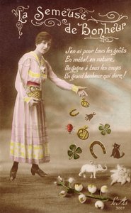 Französische Postkarte, die La Semeuse de Bonheur (Die Säerin des Glücks) darstellt, 29. März 1914 von French School