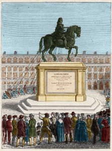 Französische Revolution: Sturz der Statue von König Ludwig XIV. (1643-1715), Place Vendôme in Paris von French School