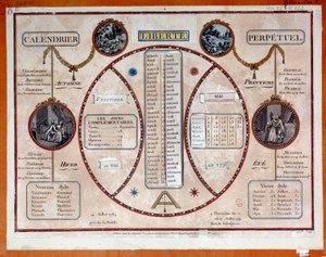Französische Revolution: Revolutionärer Kalender, immerwährend mit Zügen. 18. Jahrhundert Paris, Musée Carnavalet von French School