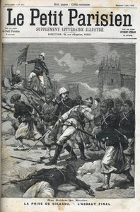 Französische Soldaten im Sudan: Mai 1898. Plünderung von Sikasso durch Oberst Audeoud (Sudan). Die Eroberung von Sikasso. Titelblatt von „Le petit Parisien“ vom Juni 1898 von French School