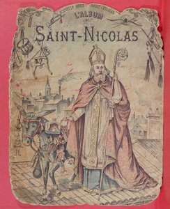 Vorderseite eines Bilderalbums, das den heiligen Nikolaus zeigt, wie er den Kindern Geschenke bringt, spätes 19. Jahrhundert