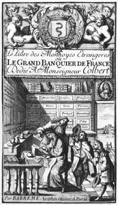 Frontispiz von Le Grand Banquier de France ou Le Livre des Monnaies Etrangeres von Bertrand Francois Barreme, spätes 17. Jahrhundert von French School