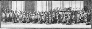 Begräbnis eines Papstes im 18. Jahrhundert: der Leichnam des Papstes wird zur Peterskirche in Rom getragen. Gravur in „Histoire des religions“ von French School