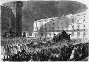 Beerdigung des Grafen von Cavour, Turin, 7. Juni 1861: Trauerzug, der den Sarg von Camillo Benso, Graf von Cavour (1810-1861), italienischer Politiker, trägt. Gravur in „Le Monde Illustré“ Nr. 219 vom 22. Juni 1861. von French School