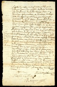 Pelzhandelsvertrag zwischen Francois Francoeur und vier Voyageuren für den Transport von Waren und den Kauf von Biberfellen in Michilimackinac und Chicago, 1692 von French School