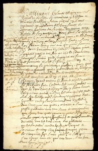 Pelzhandelsvertrag zwischen Francois Francoeur und vier Voyageuren für den Transport von Waren und den Kauf von Biberfellen in Michilimackinac und Chicago, 1692 von French School