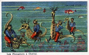 Futuredays: Eine Vision des 19. Jahrhunderts vom Jahr 2000 - Serie „Im Jahr 2000“: Die Taucher zu Pferd (unter dem Meer). Chromolithographie von Villemard