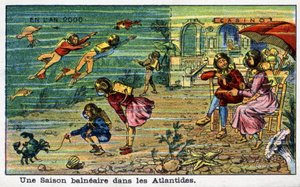 Zukunftstage: Eine Vision des 19. Jahrhunderts vom Jahr 2000 - Serie "Im Jahr 2000": Eine Badesaison in Atlantis. Chromolithographie von Villemard von French School