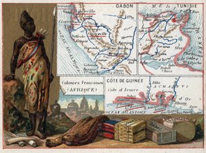 Gabun, Tunesien und die Küste von Guinea in Afrika. Serie über die französischen Kolonien. Rohstoffe: Gummi, Schwamm, Tabak und Seiden, Elfenbein. Chromolithographie, ca. 1920. Privatsammlung.