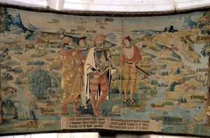 Galathes, Gründer von Gallien, umgeben von Gefährten vor einem Hintergrund, der die Karte von Gallien aus der Sicht des Nordens darstellt, mit Meeren und Flüssen, Namen der verschiedenen Regionen und Details der in diesen Regionen lebenden Tiere. Wandteppi von French School