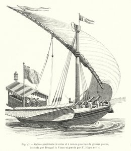 Päpstliche Galeere mit Segeln und Rudern, ausgestattet mit großen Geschützen, gezeichnet von Breugel dem Älteren und gestochen von F. Huys, 16. Jahrhundert (Gravur) von French School