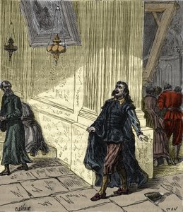 Galileo Galilei (1564-1642), italienischer Wissenschaftler, beobachtet das pendelartige Schwingen einer Lampe in der Kathedrale von Pisa, Italien, im Jahr 1582 - Galileo Galilei genannt Galilei (1564-1642) beobachtet die Schwingung der Lampe der Kathedrale von French School