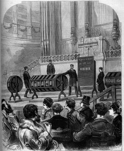 Glücksspiel: Ziehung der Nationalen Lotterie im Festsaal des Trocadero am 6. Januar 1879 in Paris. Gravur in „Le Monde Illustré“ Nr. 1140 vom 1. Februar 1879 von French School