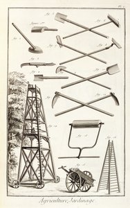 Gartengeräte und eine mobile Schnittplattform, aus der Encyclopedie des Sciences et Metiers von Denis Diderot (1713-84) veröffentlicht ca. 1770