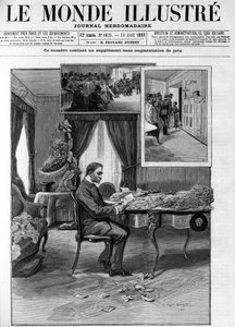 General Georges Boulanger (1837-1891) im Hotel du Louvre bei der Durchsicht der Korrespondenz in „Le Monde illustré“ im Jahr 1888. von French School