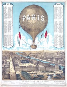 Gesamtansicht von Paris und Liste der Ballonabflugorte während der Belagerung von Paris, 1871 von French School